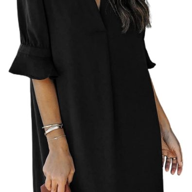 V-neck Puff Sleeve Black Dress