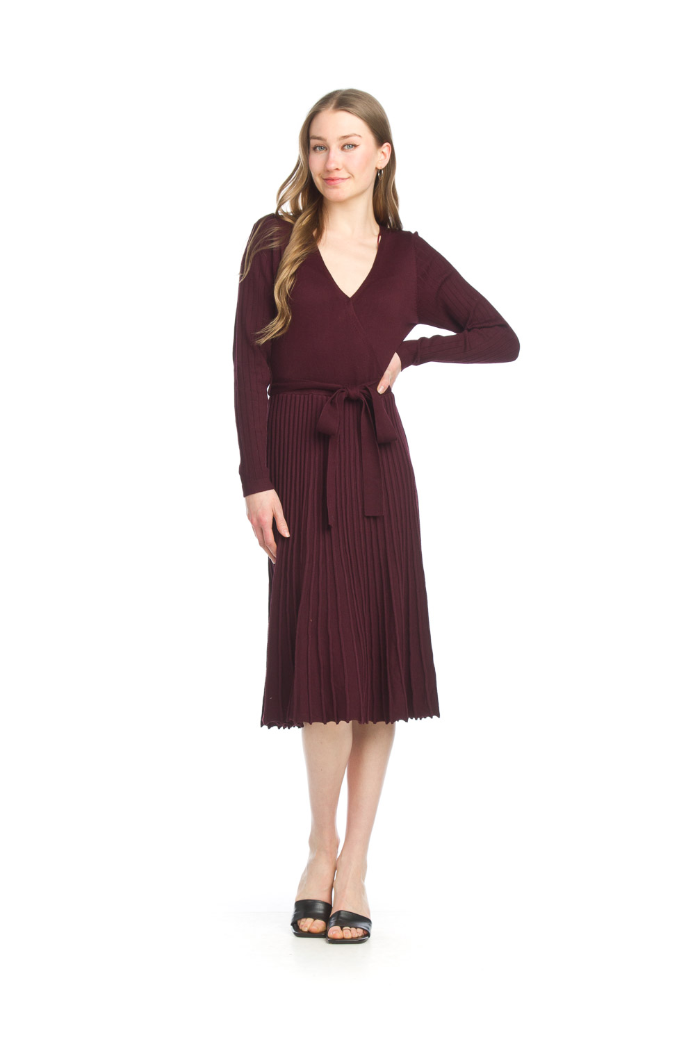 SD-13430WINE Wrap top sweater style dress with Rib
