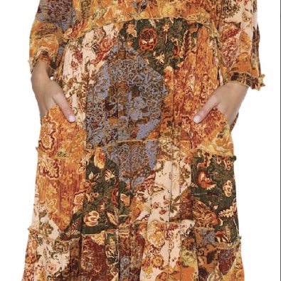 3/4 sleeve rust print cotton dress