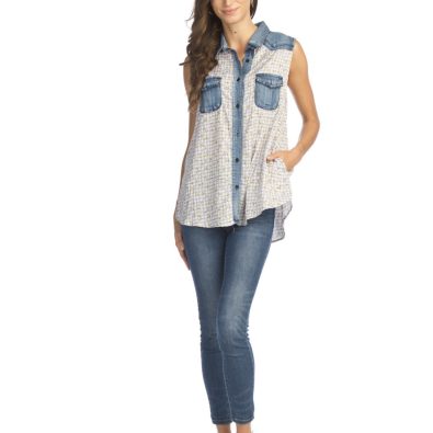 Gingham floral denim top