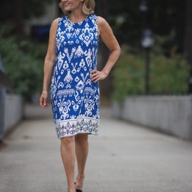 Border print dress with back zip in beautiful European blue print