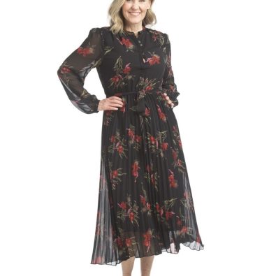 Rose Print Pleated Dress with Long Sleeves