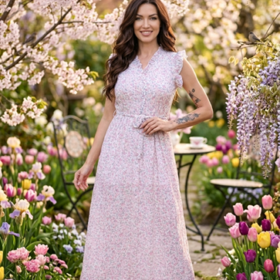 Floral print dress with Belt ,buttons, and Ruffle-$55