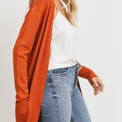 Solid open Knit Pocket Cardigen - Rust